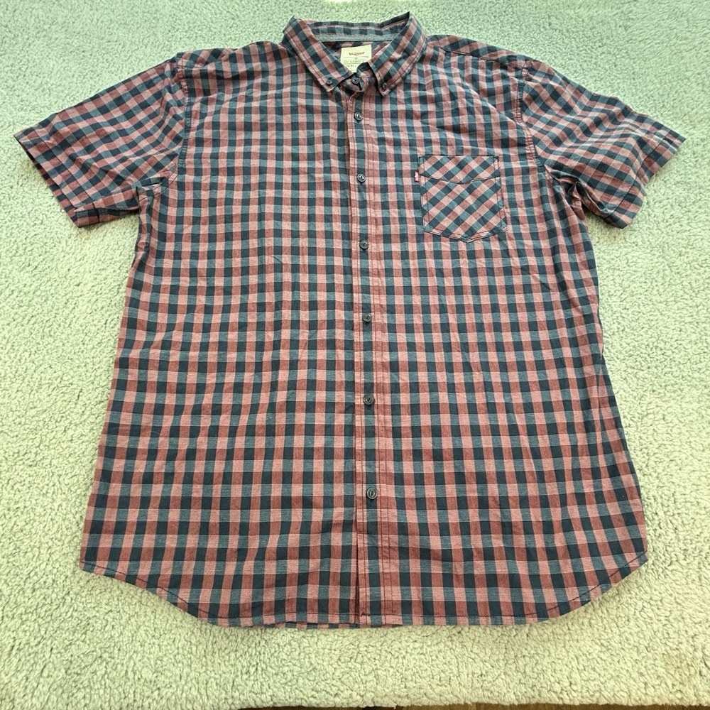 Men's LEVI'S Check Dress Shirt 2X Plaid Blue‎ Cranberry Plaid Cotton